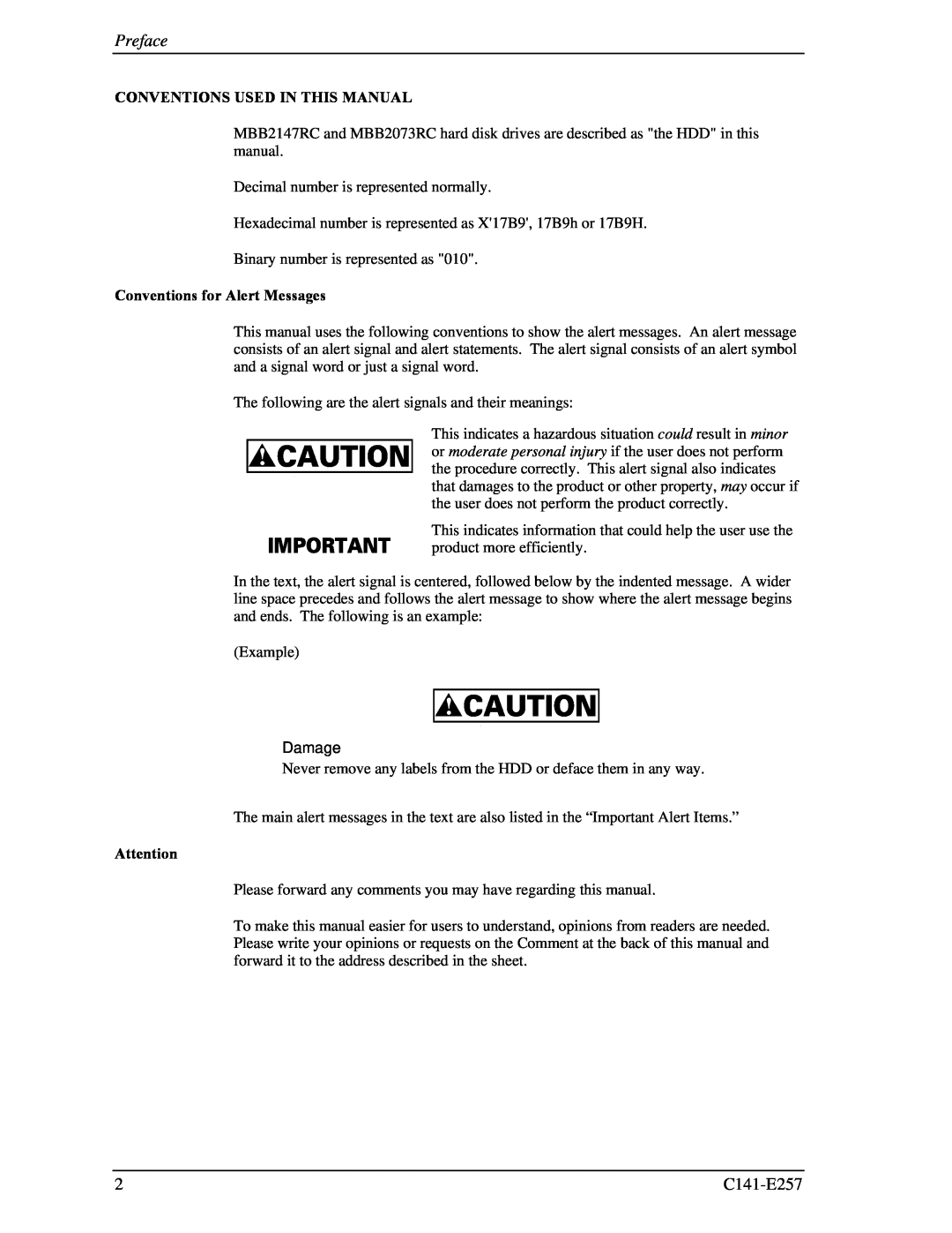 Fujitsu MBB2147RC, MBB2073RC manual Preface, Conventions Used In This Manual, Conventions for Alert Messages 