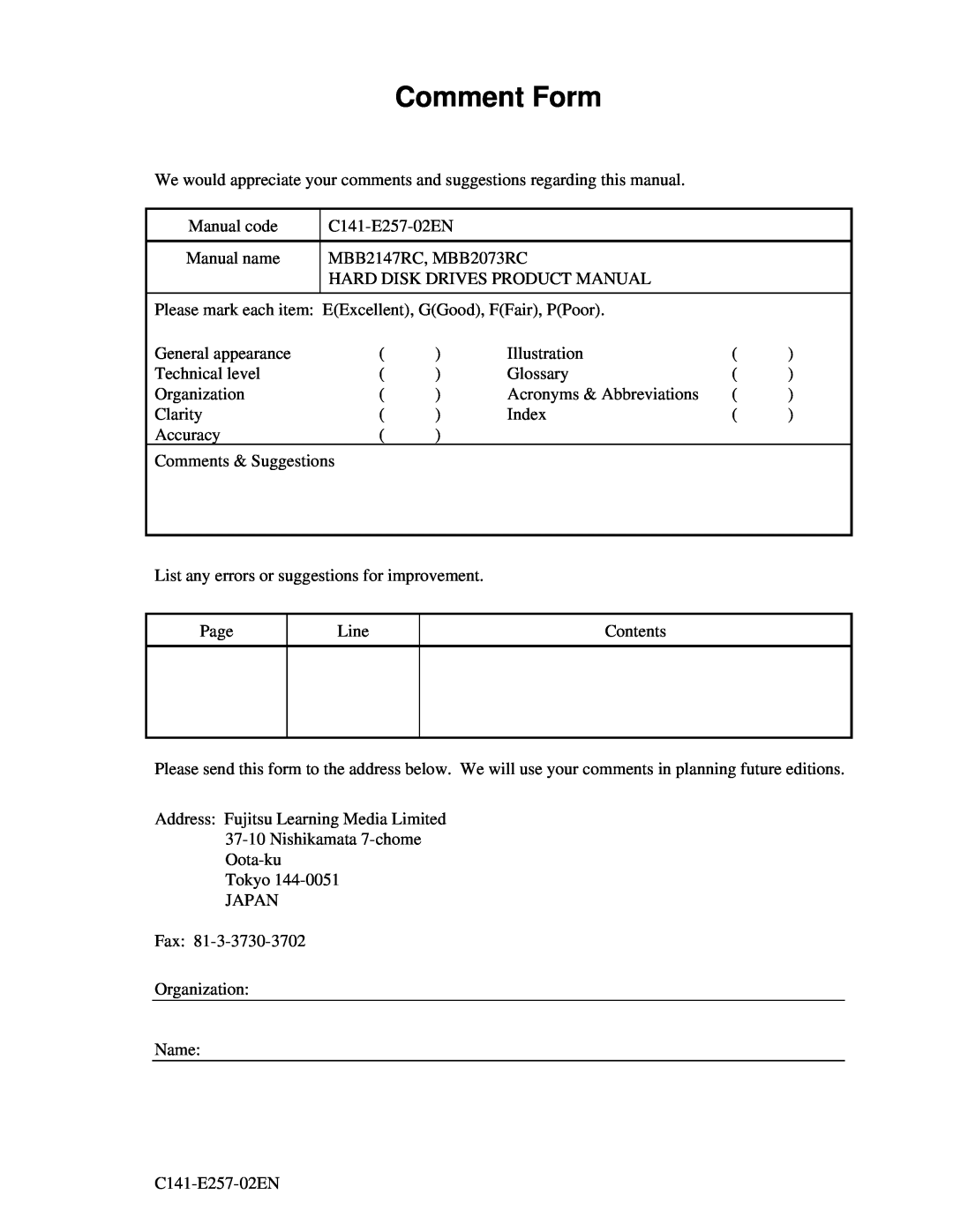 Fujitsu MBB2073RC, MBB2147RC manual Comment Form 