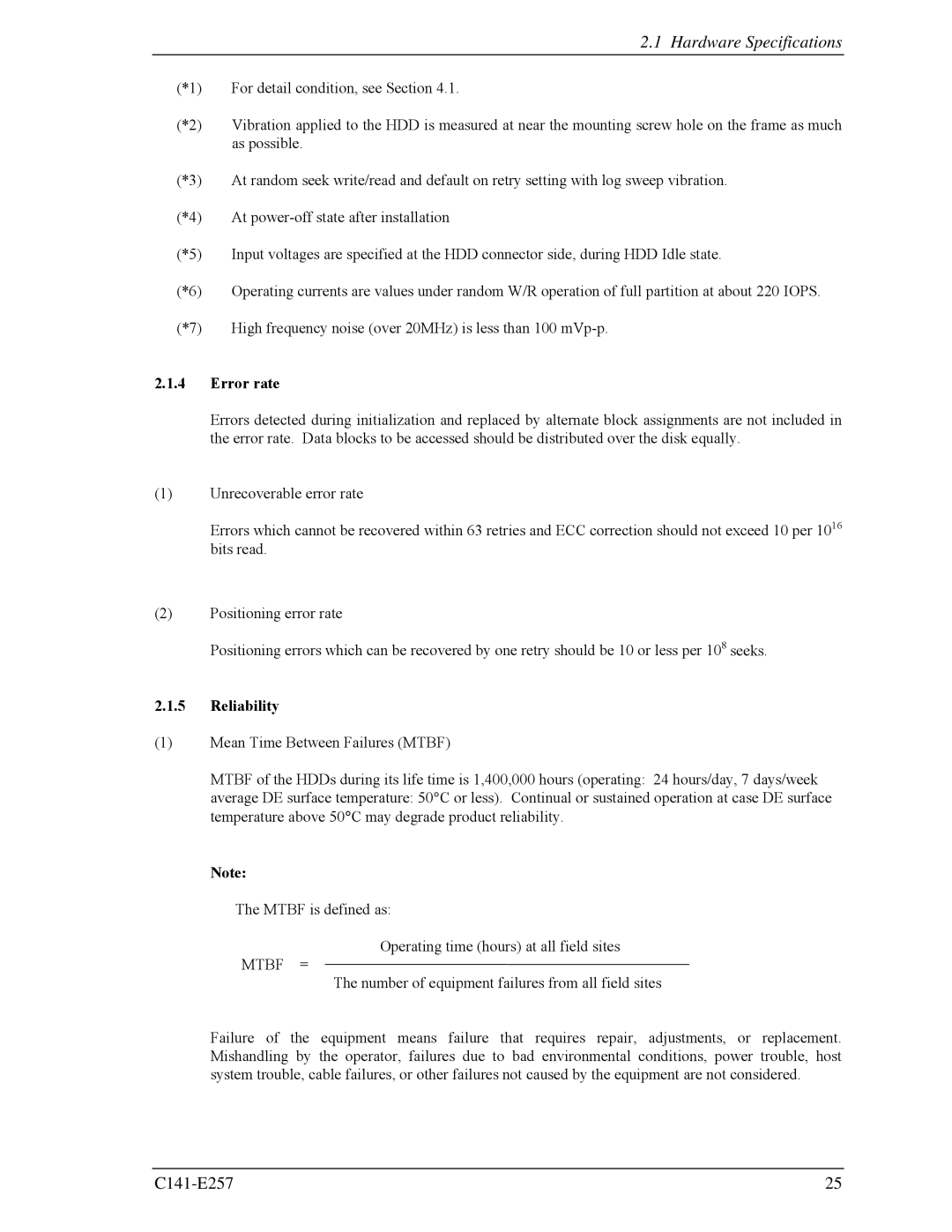 Fujitsu MBB2073RC, MBB2147RC manual Error rate, Reliability, Mtbf = 