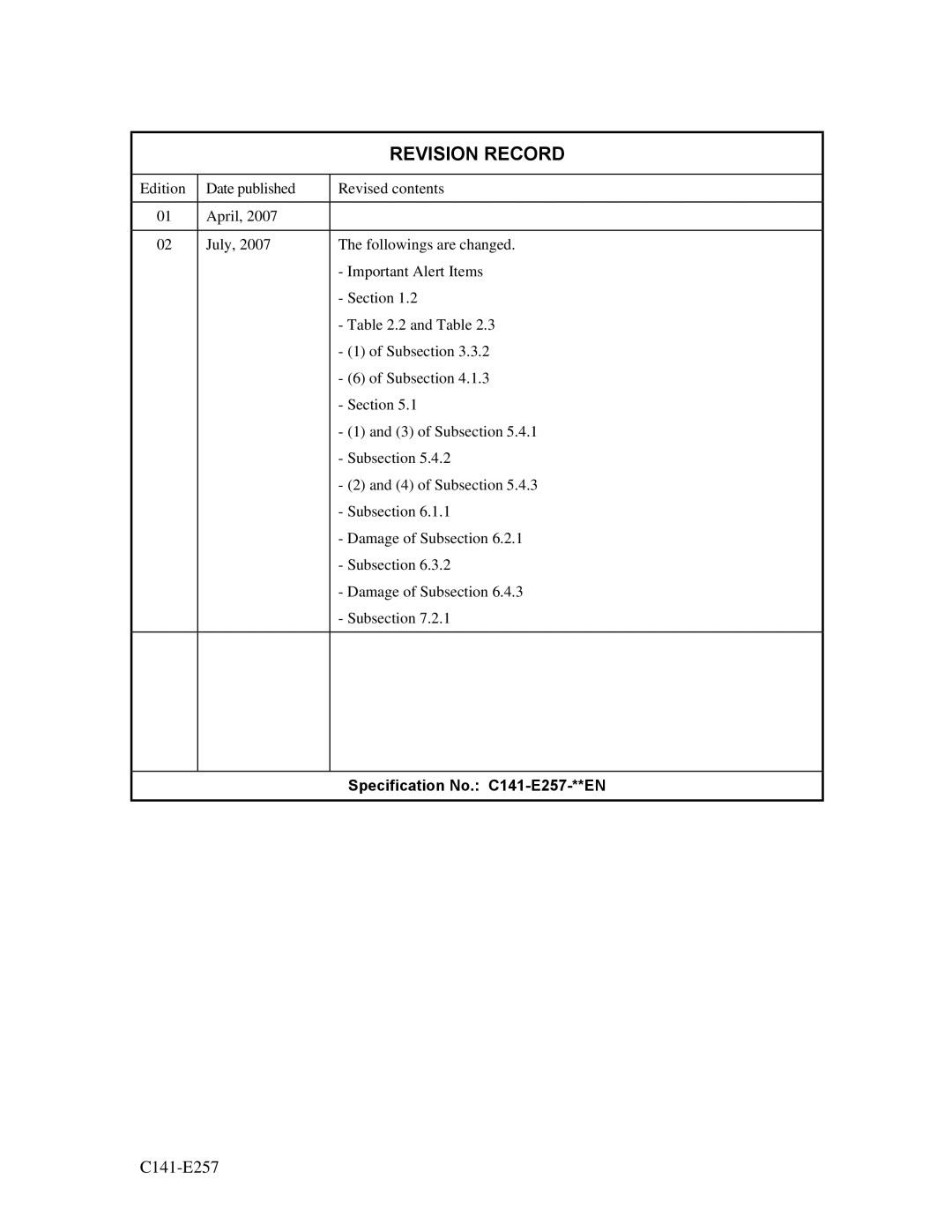 Fujitsu MBB2073RC, MBB2147RC manual Revision Record 