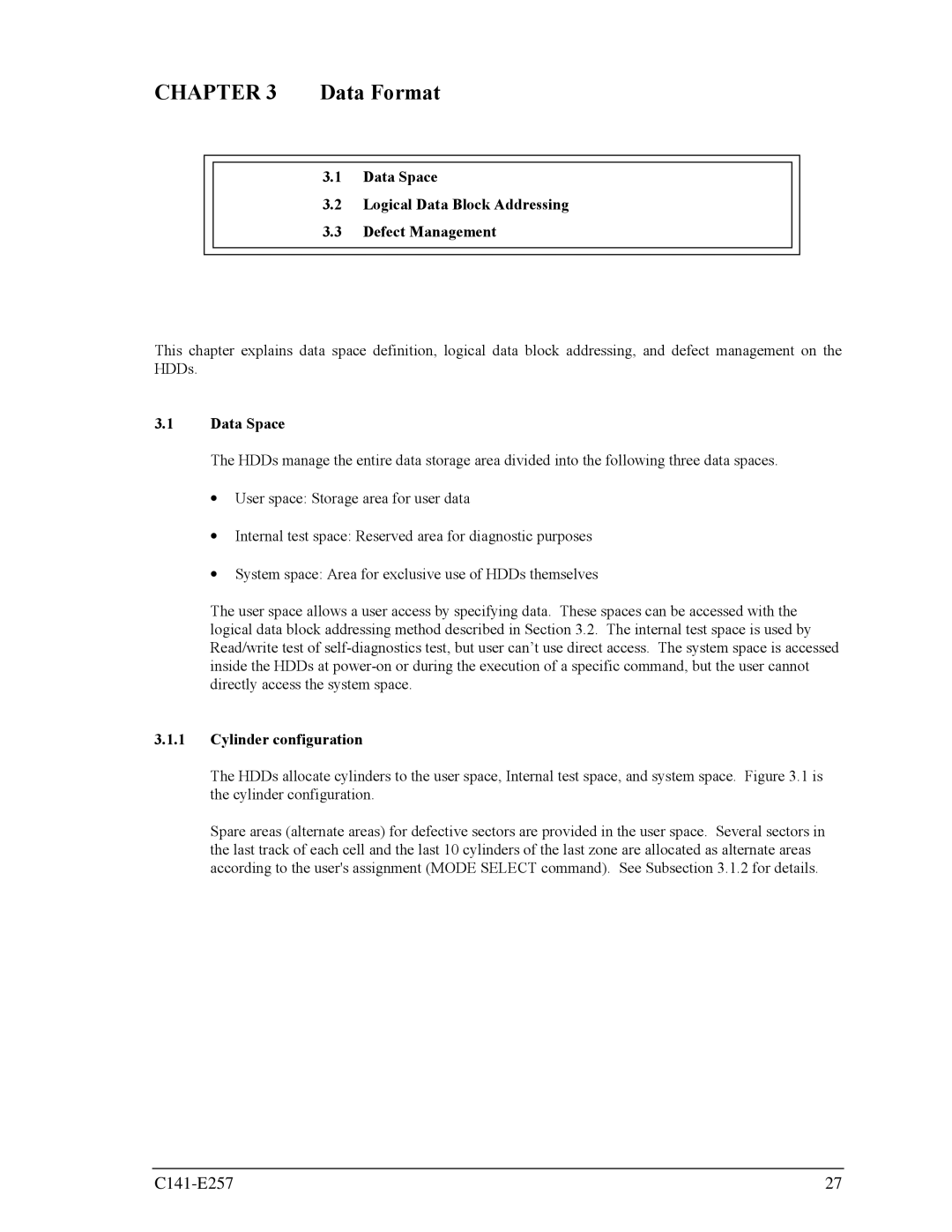 Fujitsu MBB2073RC, MBB2147RC manual Data Space Logical Data Block Addressing Defect Management, Cylinder configuration 