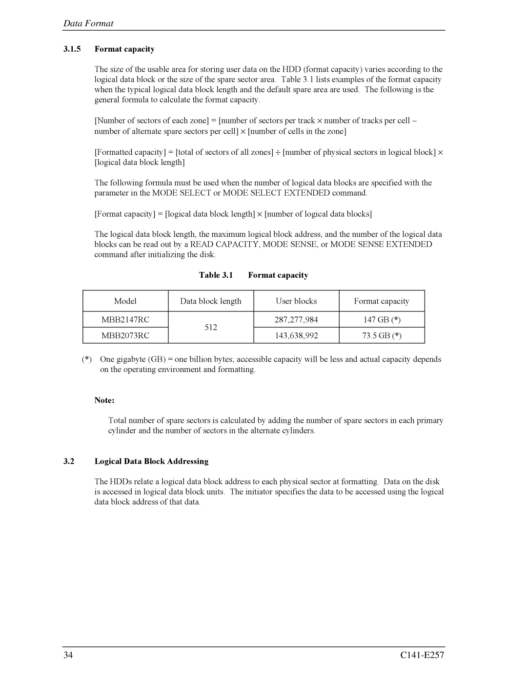 Fujitsu MBB2147RC, MBB2073RC manual Format capacity 