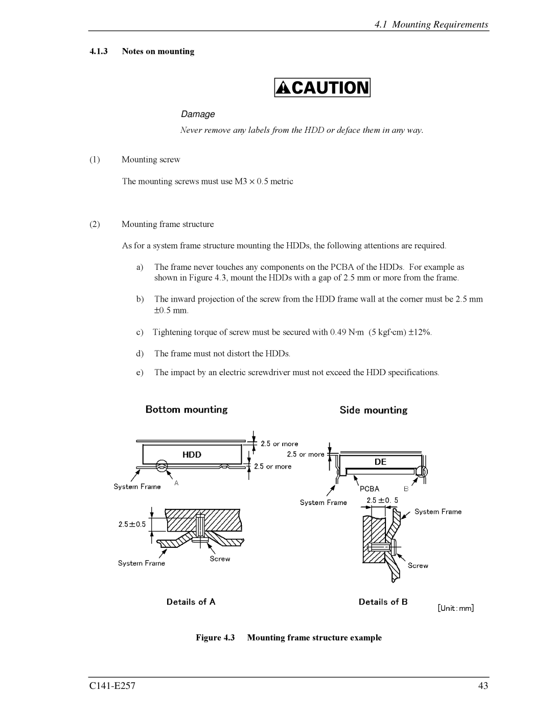 Fujitsu MBB2073RC, MBB2147RC manual Mounting Requirements, Mounting frame structure example 