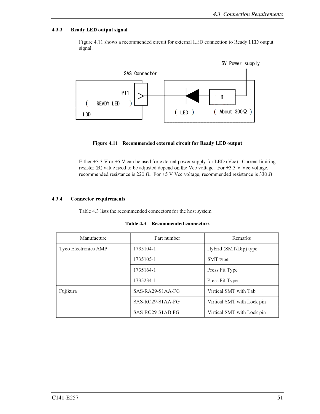 Fujitsu MBB2073RC, MBB2147RC manual Ready LED output signal, Connector requirements, Recommended connectors 