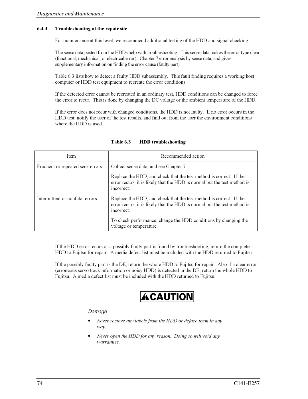 Fujitsu MBB2147RC, MBB2073RC manual Troubleshooting at the repair site, HDD troubleshooting 