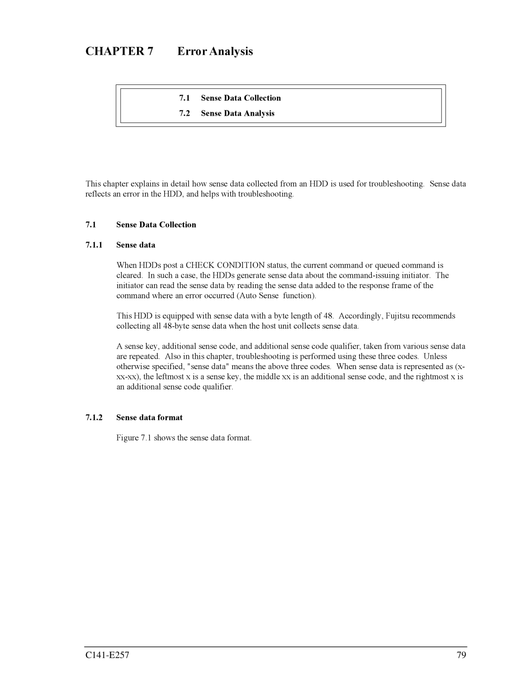 Fujitsu MBB2073RC manual Sense Data Collection Sense Data Analysis, Sense Data Collection Sense data, Sense data format 