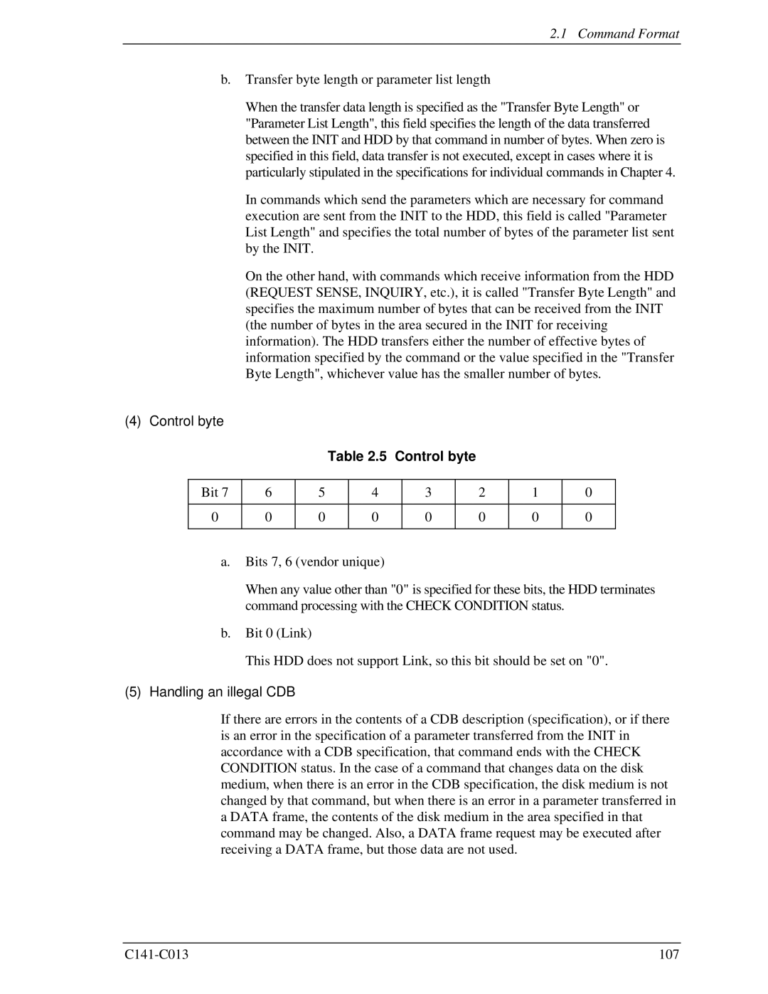 Fujitsu MBC2073RC, MBC2036RC, MBA3300RC, MBA3147RC, MBA3073RC Command Format, Control byte, Handling an illegal CDB 