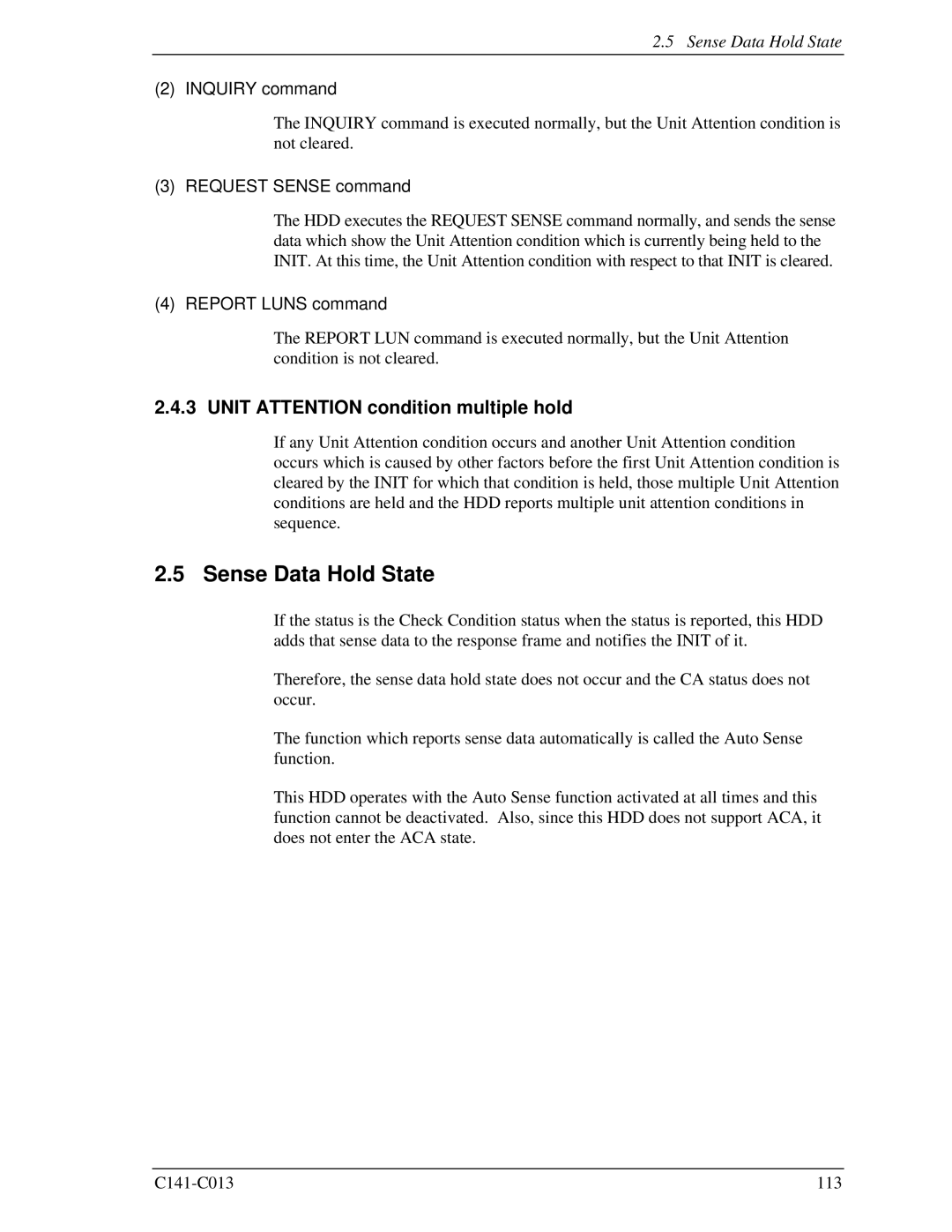 Fujitsu MBA3300RC Sense Data Hold State, Unit Attention condition multiple hold, Inquiry command, Request Sense command 