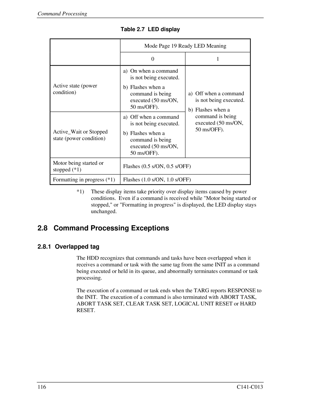 Fujitsu MBC2036RC, MBC2073RC, MBA3300RC, MBA3147RC, MBA3073RC Command Processing Exceptions, Overlapped tag, LED display 