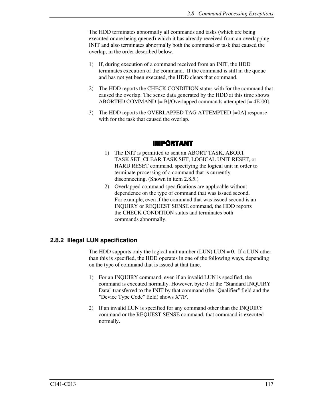 Fujitsu MBC2073RC, MBC2036RC, MBA3300RC, MBA3147RC, MBA3073RC Illegal LUN specification, Command Processing Exceptions 