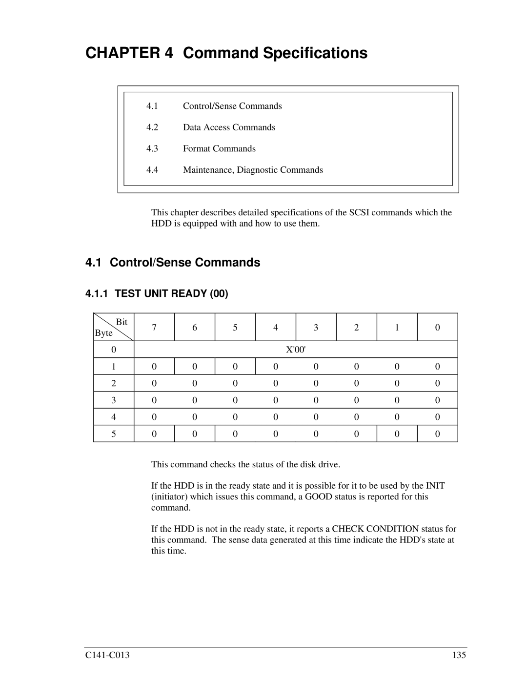 Fujitsu MBA3073RC, MBC2036RC, MBC2073RC, MBA3300RC, MBA3147RC specifications Control/Sense Commands, Test Unit Ready 