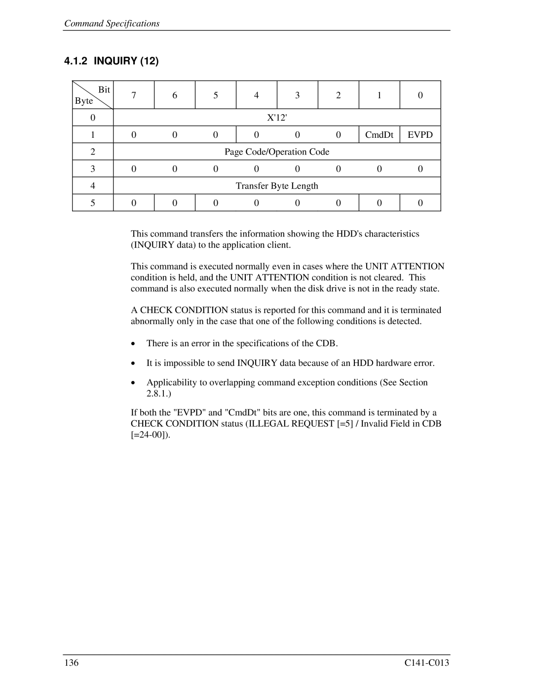 Fujitsu MBC2036RC, MBC2073RC, MBA3300RC, MBA3147RC, MBA3073RC specifications Inquiry, Command Specifications 