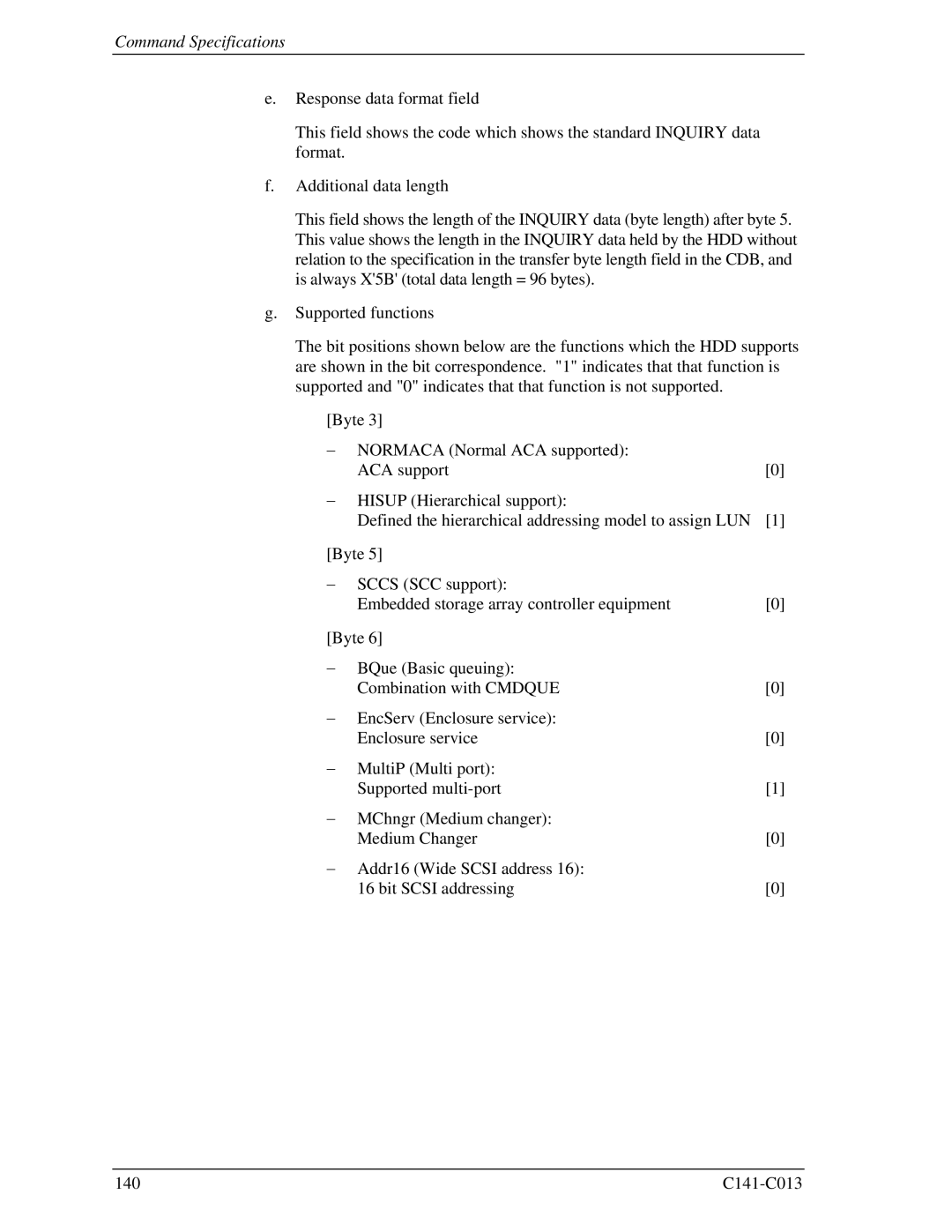 Fujitsu MBA3073RC, MBC2036RC, MBC2073RC, MBA3300RC, MBA3147RC specifications Command Specifications 