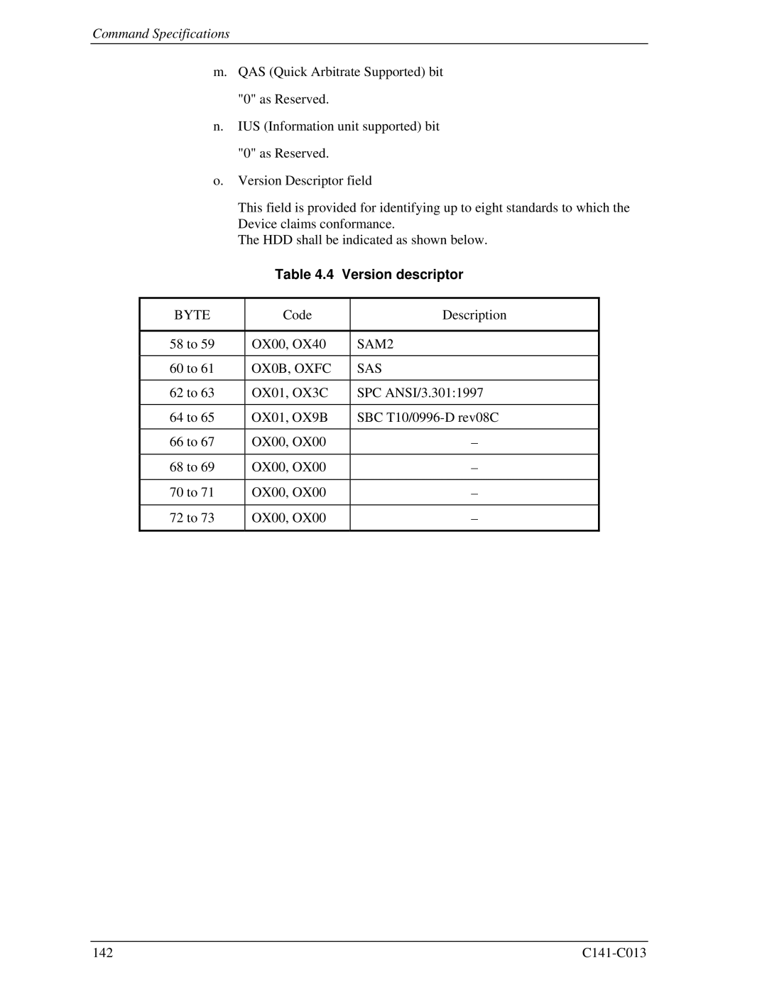 Fujitsu MBC2073RC, MBC2036RC, MBA3300RC, MBA3147RC, MBA3073RC specifications Version descriptor, Byte, SAM2, OX0B, Oxfc SAS 