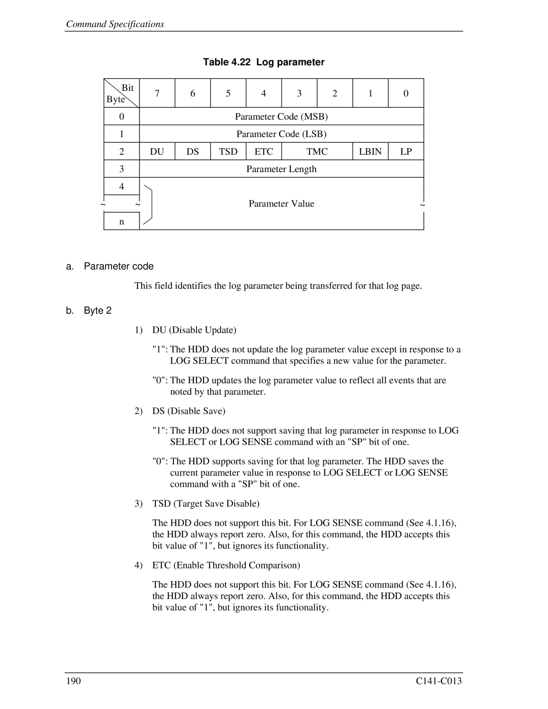 Fujitsu MBA3073RC, MBC2036RC, MBC2073RC, MBA3300RC, MBA3147RC specifications Log parameter, Tsd Etc Tmc, Parameter code, Byte 