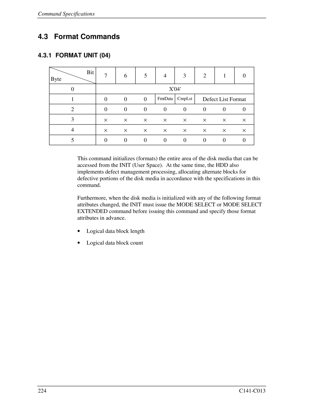 Fujitsu MBA3147RC, MBC2036RC, MBC2073RC, MBA3300RC, MBA3073RC specifications Format Commands, Format Unit 