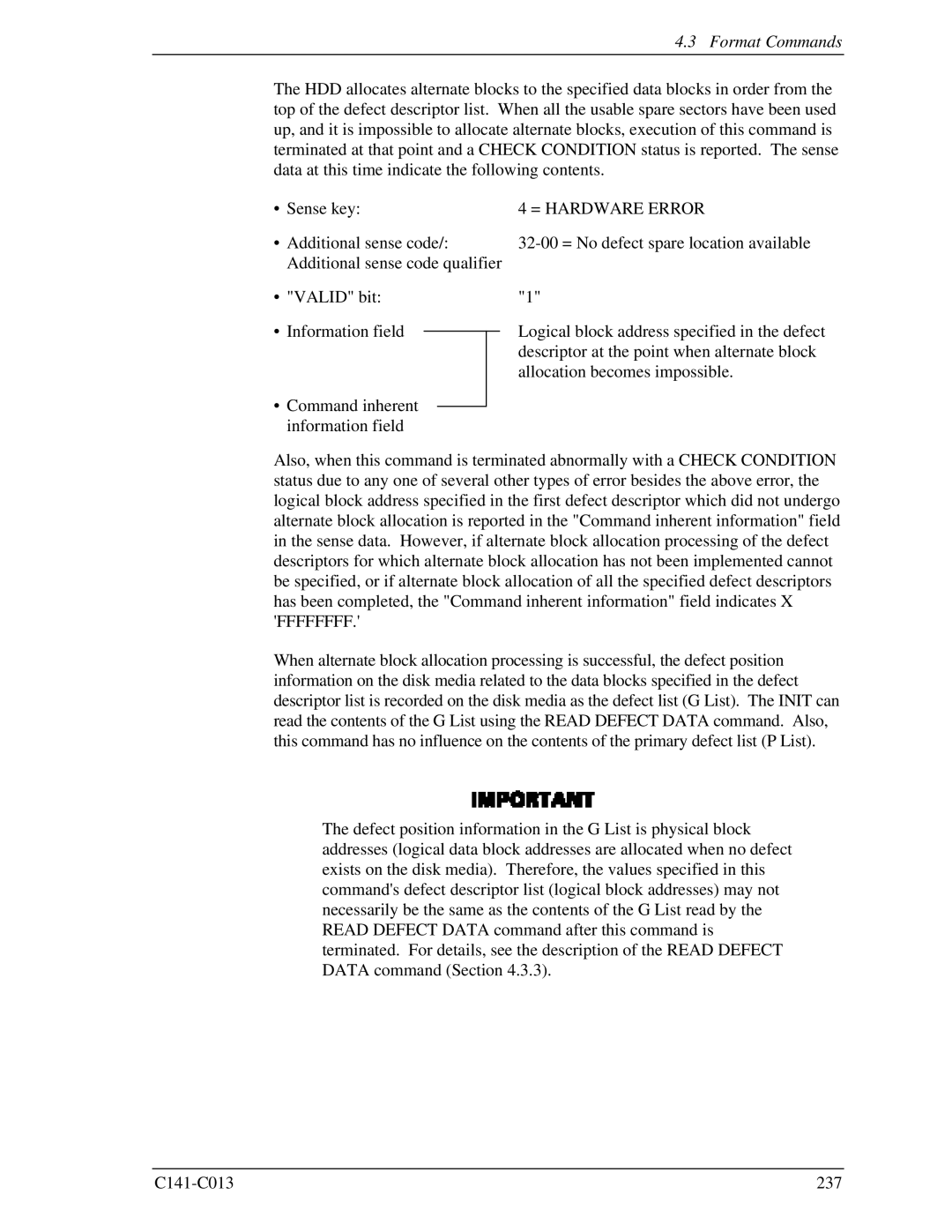 Fujitsu MBC2073RC, MBC2036RC, MBA3300RC, MBA3147RC, MBA3073RC specifications Format Commands, = Hardware Error 