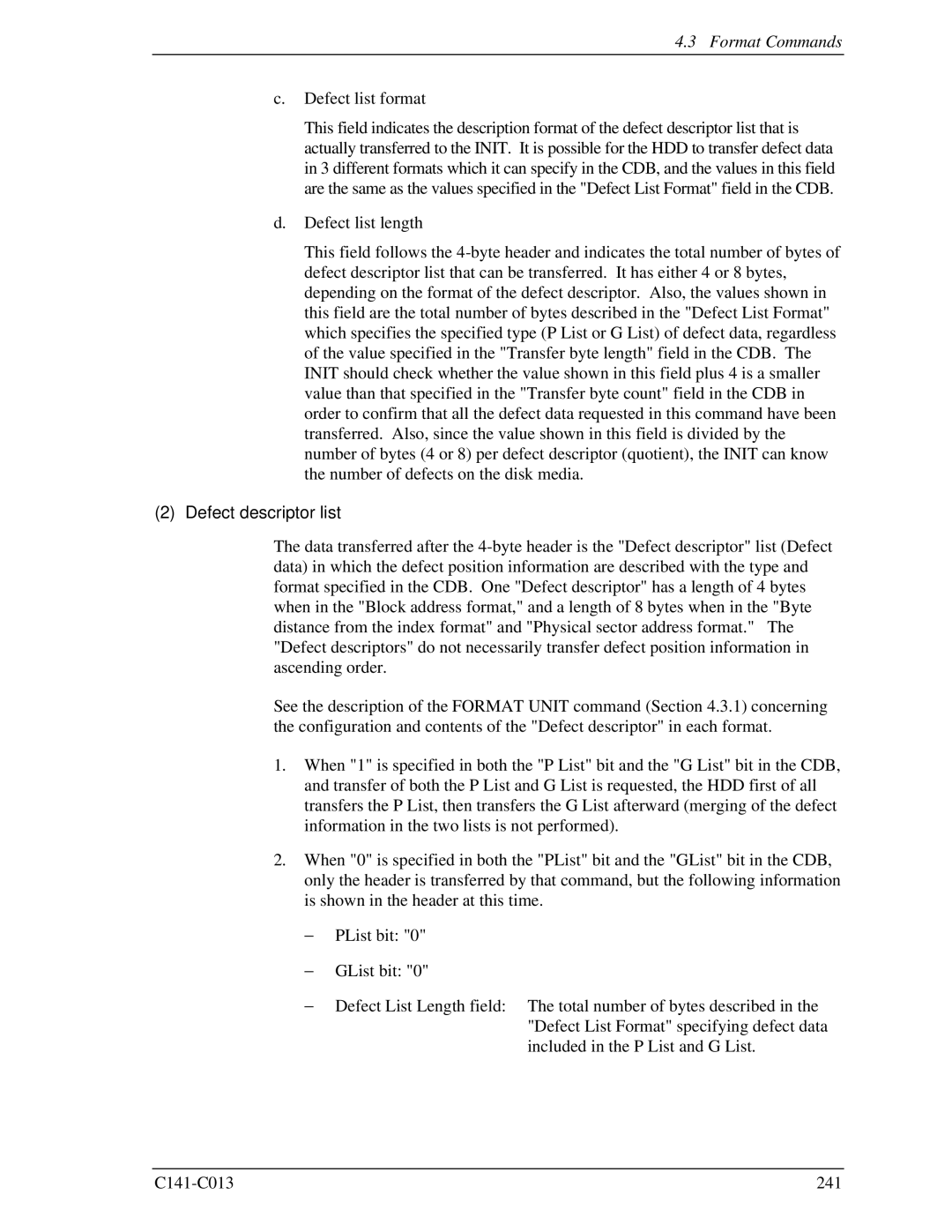 Fujitsu MBC2036RC, MBC2073RC, MBA3300RC, MBA3147RC, MBA3073RC specifications Format Commands, Defect descriptor list 