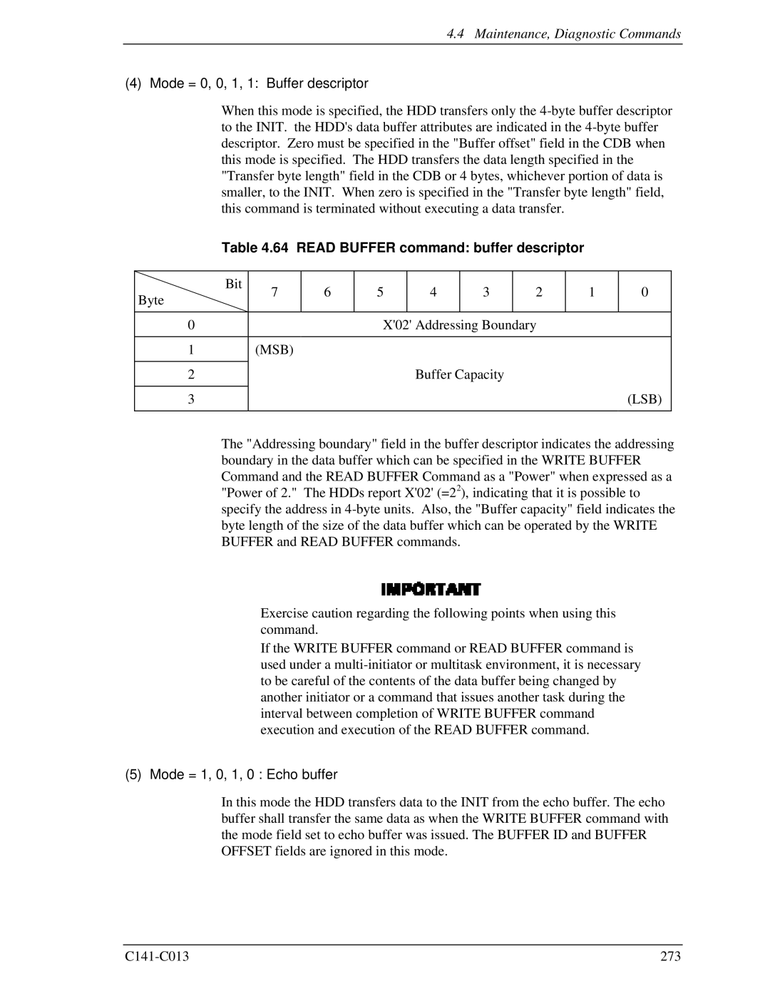 Fujitsu MBA3300RC, MBC2036RC, MBC2073RC Mode = 0, 0, 1, 1 Buffer descriptor, Read Buffer command buffer descriptor 