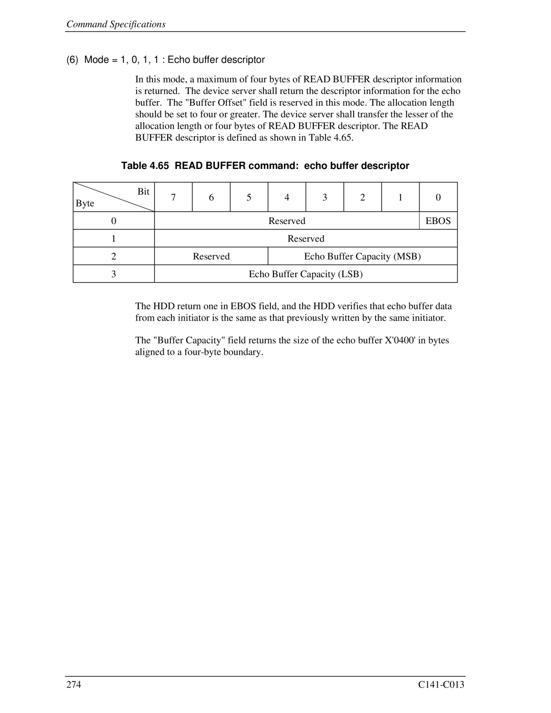 Fujitsu MBA3147RC, MBC2036RC Mode = 1, 0, 1, 1 Echo buffer descriptor, Read Buffer command echo buffer descriptor, Ebos 