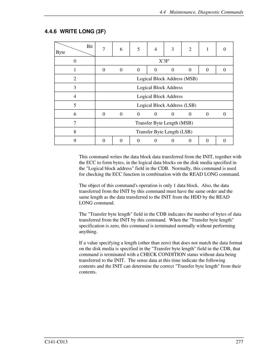 Fujitsu MBC2073RC, MBC2036RC, MBA3300RC, MBA3147RC, MBA3073RC specifications Write Long 3F 