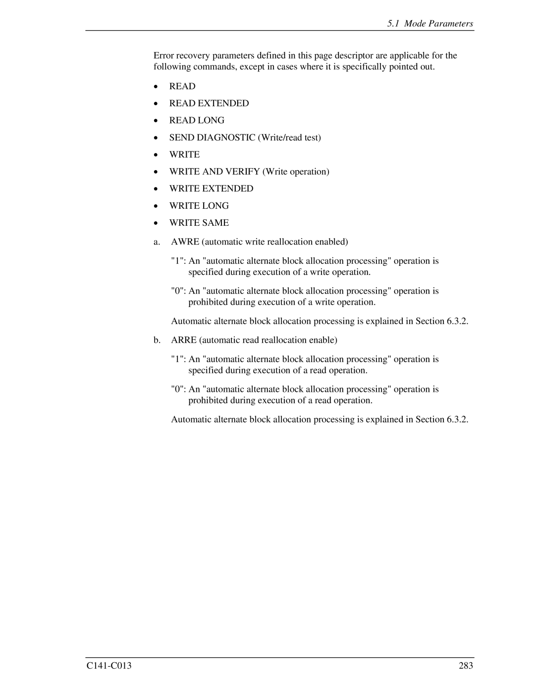 Fujitsu MBA3300RC, MBC2036RC, MBC2073RC Mode Parameters, Read Read Extended Read Long, Write Extended Write Long Write Same 