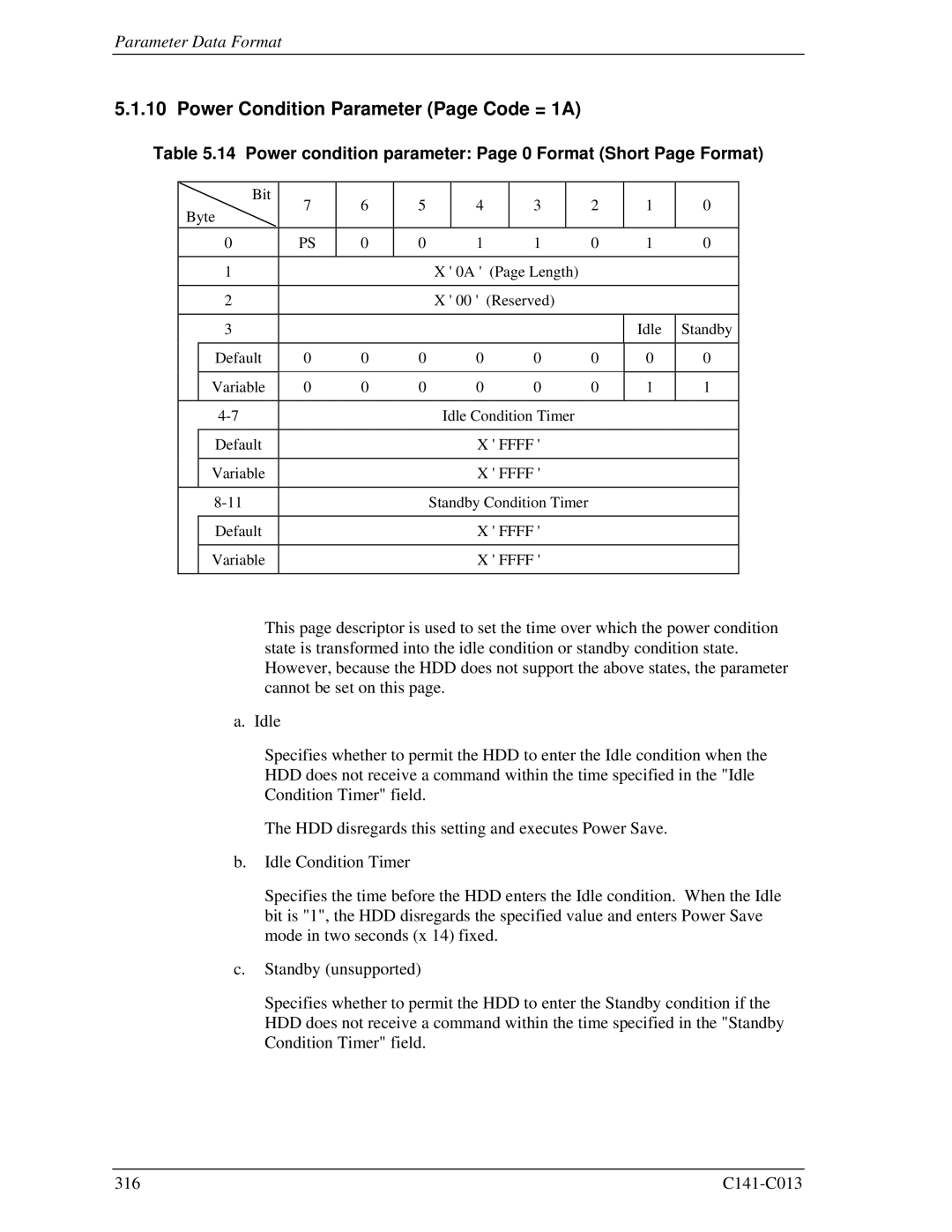 Fujitsu MBC2036RC Power Condition Parameter Page Code = 1A, Power condition parameter Page 0 Format Short Page Format 