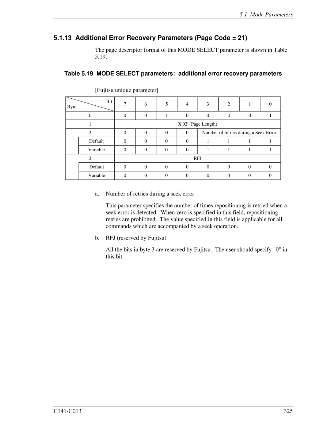 Fujitsu MBA3073RC, MBC2036RC, MBC2073RC Additional Error Recovery Parameters Page Code =, Fujitsu unique parameter 