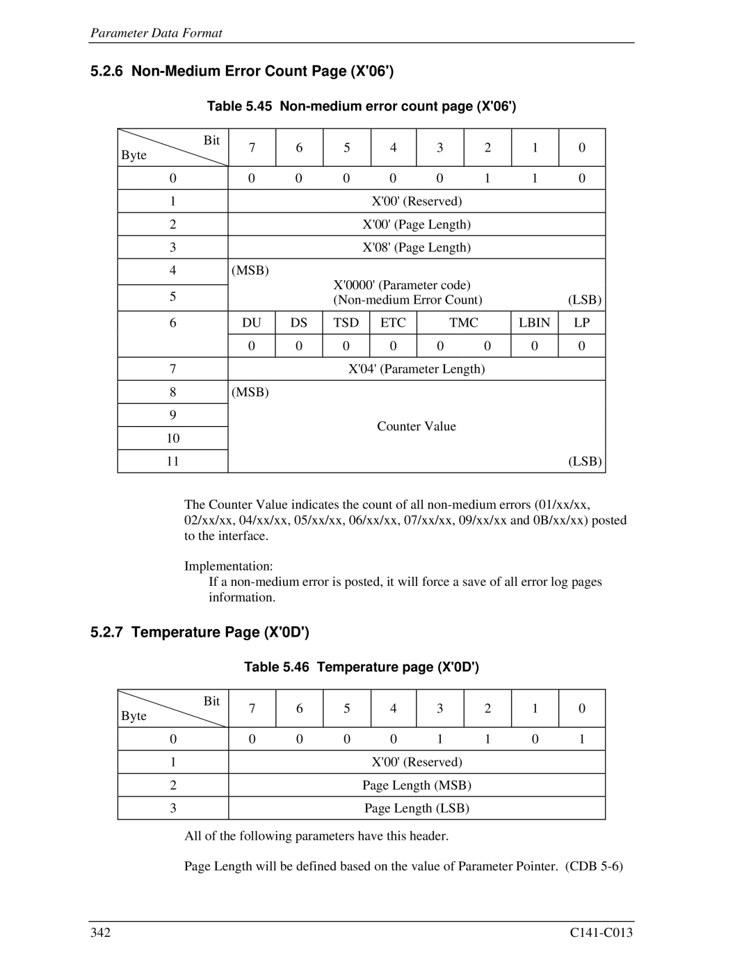 Fujitsu MBC2073RC, MBC2036RC Non-Medium Error Count, Temperature Page X0D, Non-medium error count, Temperature page X0D 