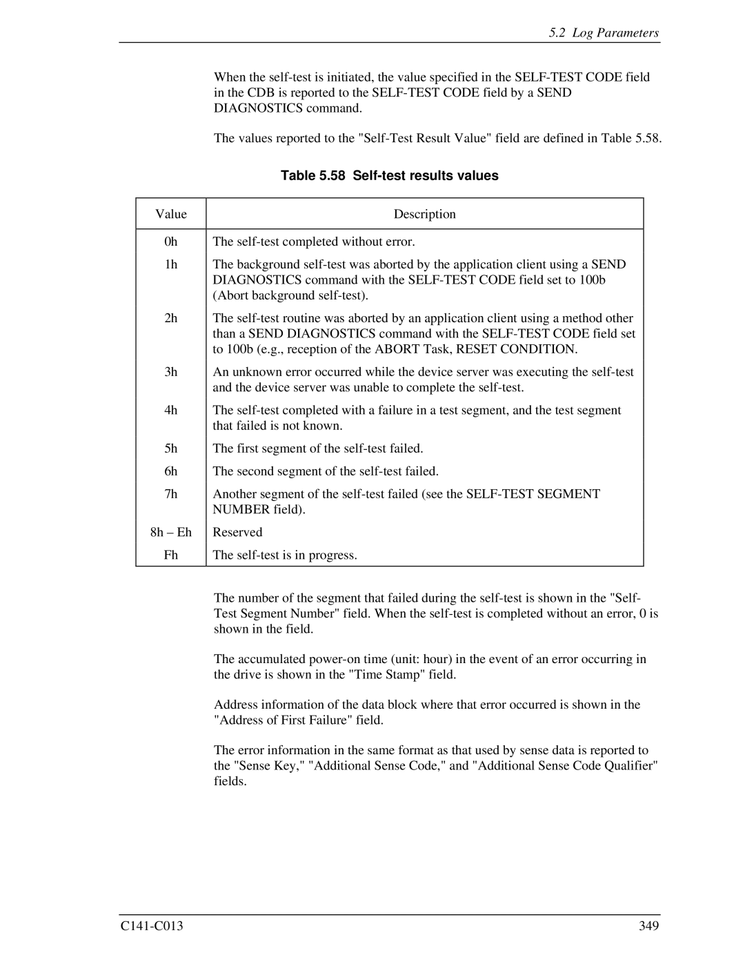 Fujitsu MBA3147RC, MBC2036RC, MBC2073RC, MBA3300RC, MBA3073RC specifications Self-test results values 