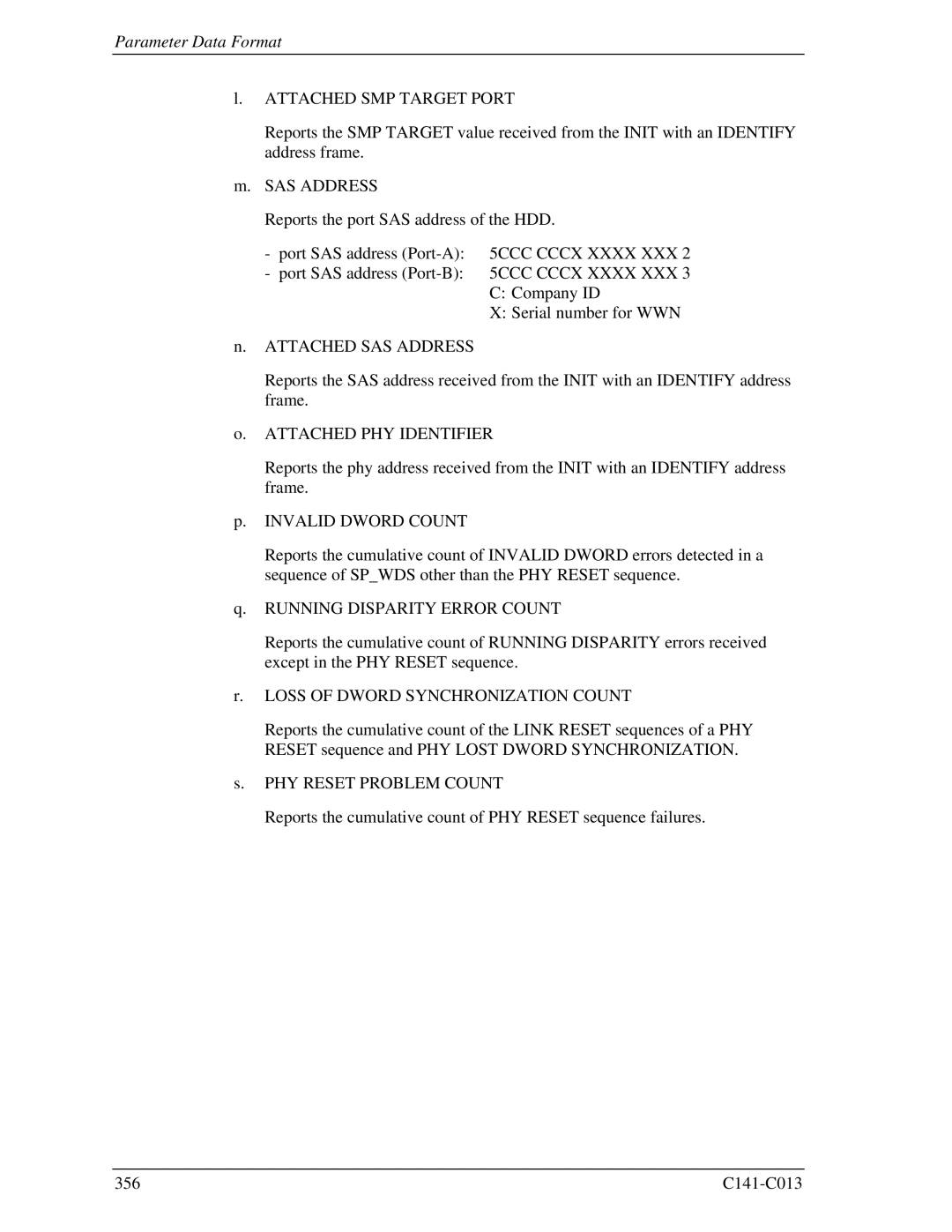 Fujitsu MBC2036RC, MBC2073RC, MBA3300RC, MBA3147RC, MBA3073RC specifications Parameter Data Format 