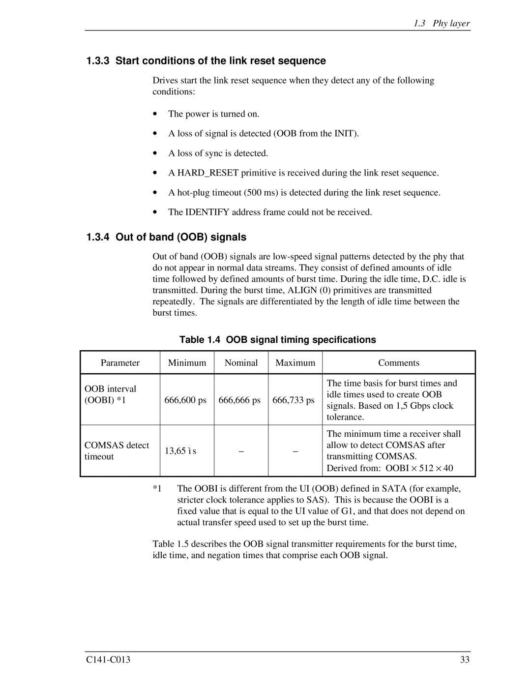 Fujitsu MBA3300RC Start conditions of the link reset sequence, Out of band OOB signals, OOB signal timing specifications 