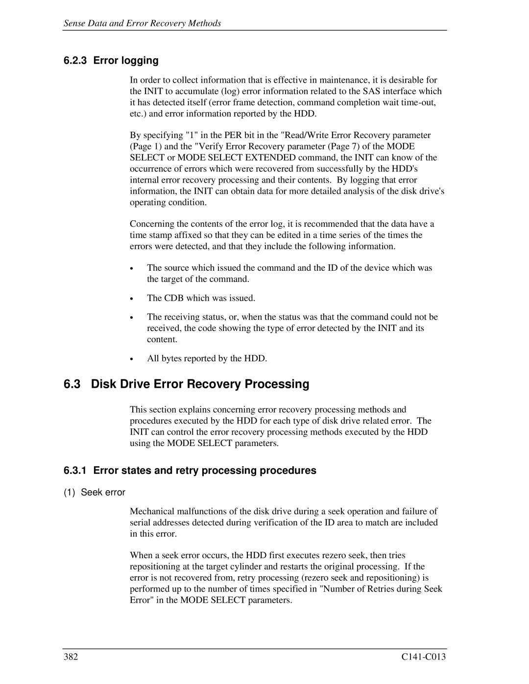 Fujitsu MBC2073RC Disk Drive Error Recovery Processing, Error logging, Error states and retry processing procedures 