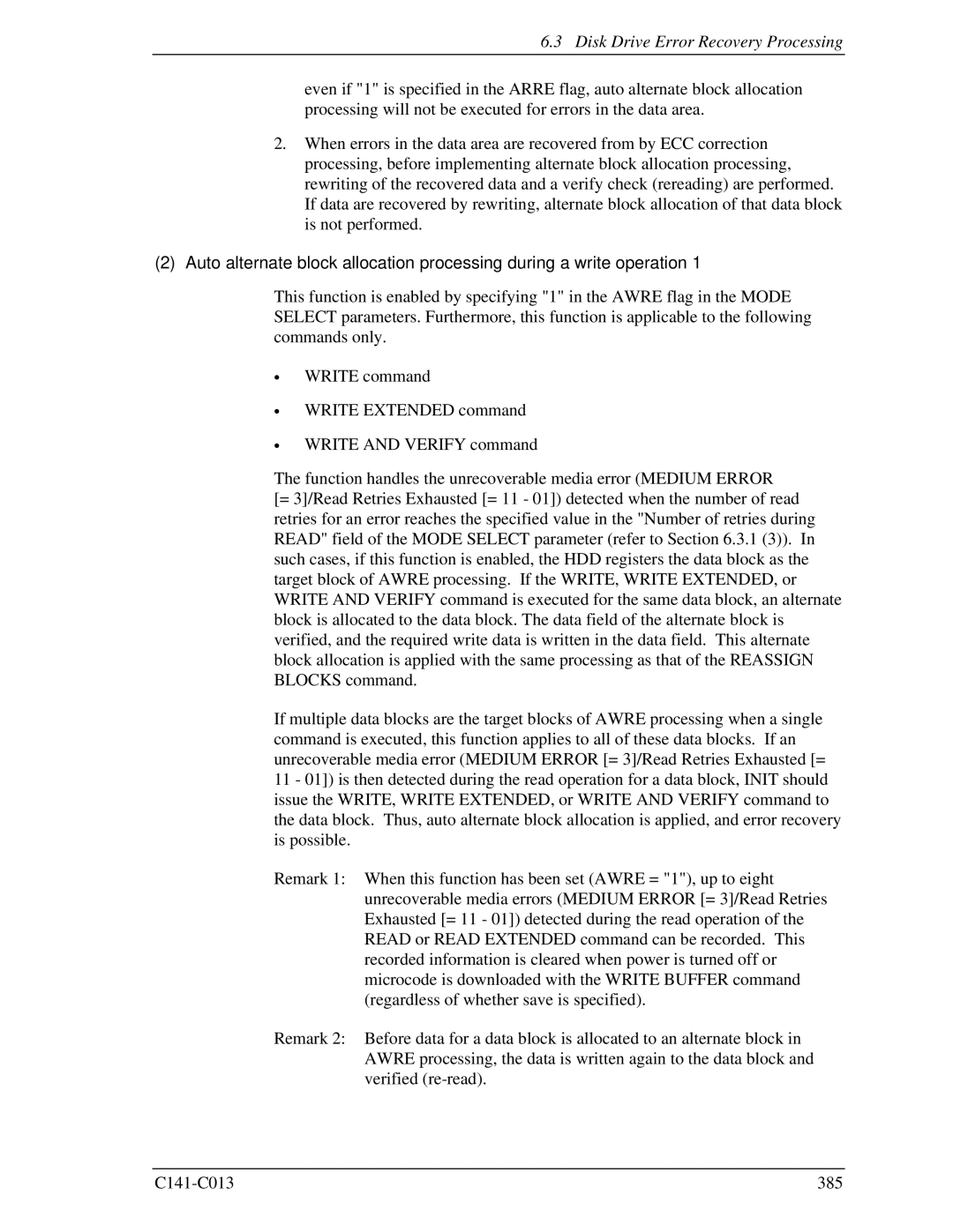 Fujitsu MBA3073RC, MBC2036RC, MBC2073RC, MBA3300RC, MBA3147RC specifications Disk Drive Error Recovery Processing 