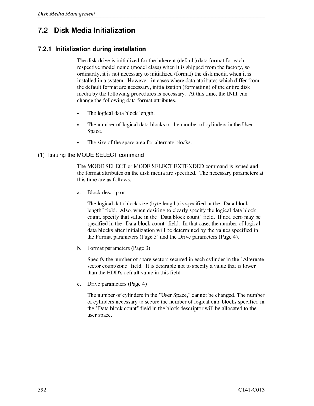 Fujitsu MBC2073RC Disk Media Initialization, Initialization during installation, Issuing the Mode Select command 