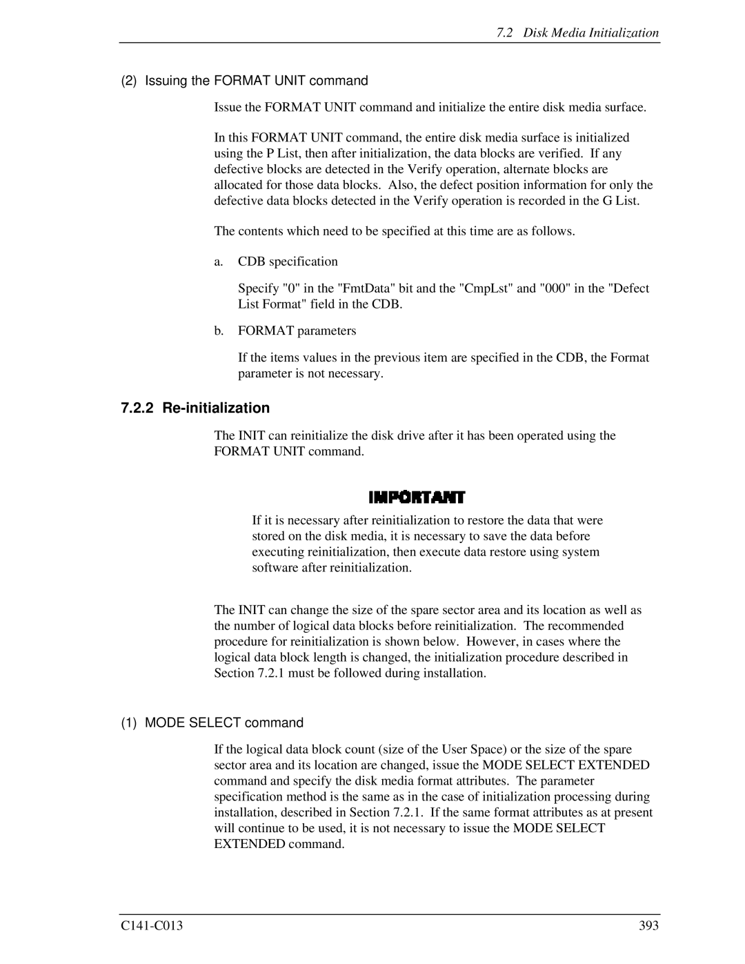 Fujitsu MBA3300RC Re-initialization, Disk Media Initialization, Issuing the Format Unit command, Mode Select command 