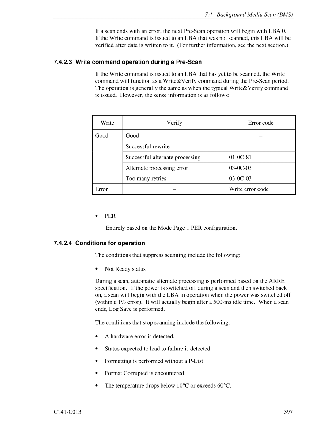 Fujitsu MBC2073RC Background Media Scan BMS, Write command operation during a Pre-Scan, ∙ Per, Conditions for operation 