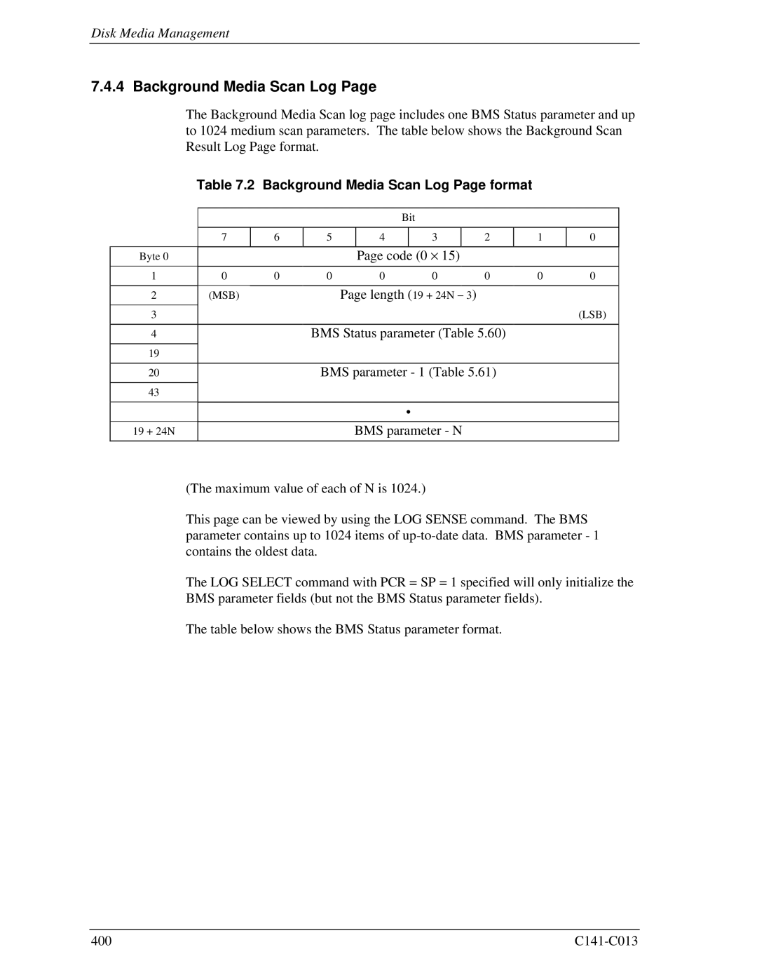 Fujitsu MBA3073RC, MBC2036RC, MBC2073RC, MBA3300RC, MBA3147RC specifications Background Media Scan Log Page format 