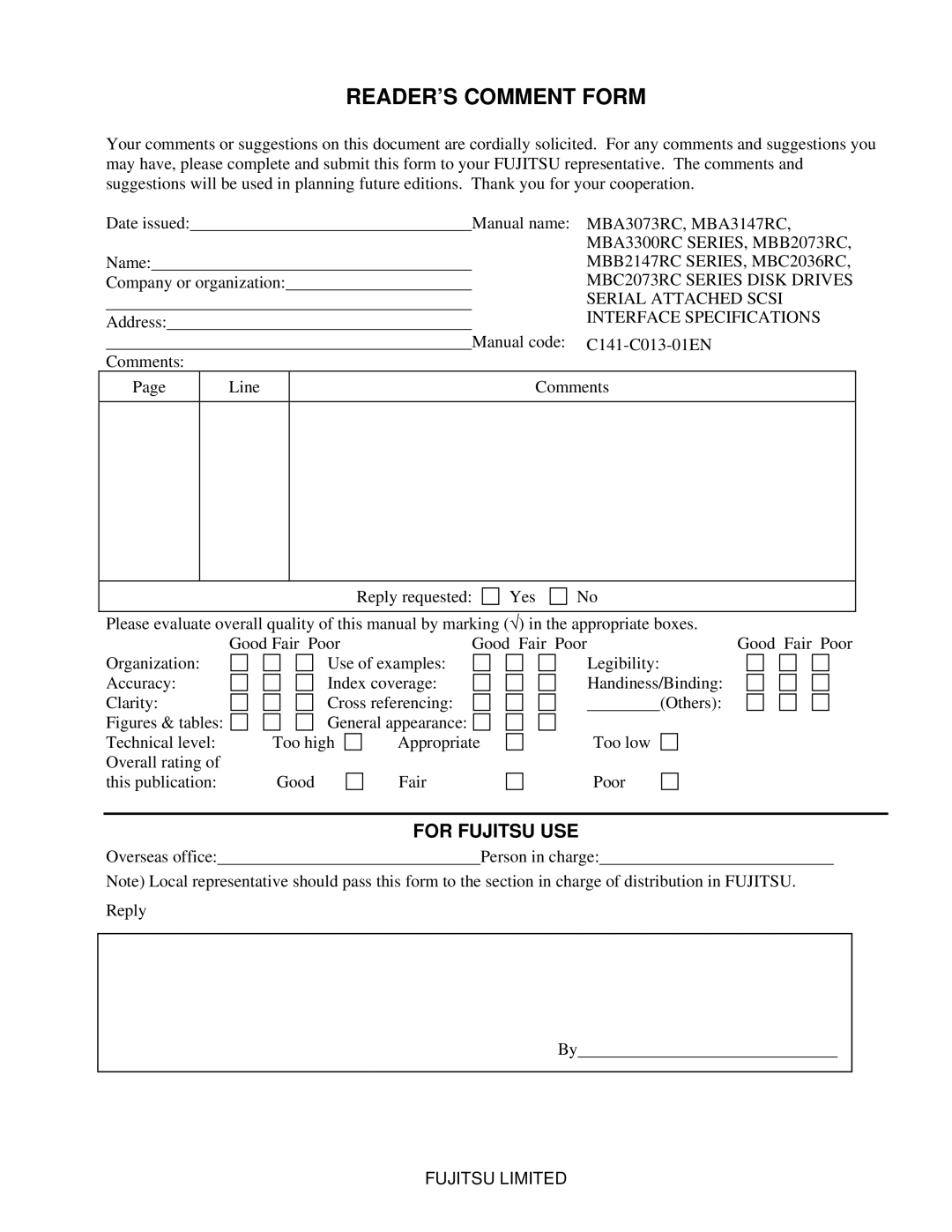 Fujitsu MBA3073RC, MBC2036RC, MBC2073RC, MBA3300RC, MBA3147RC specifications READER’S Comment Form 