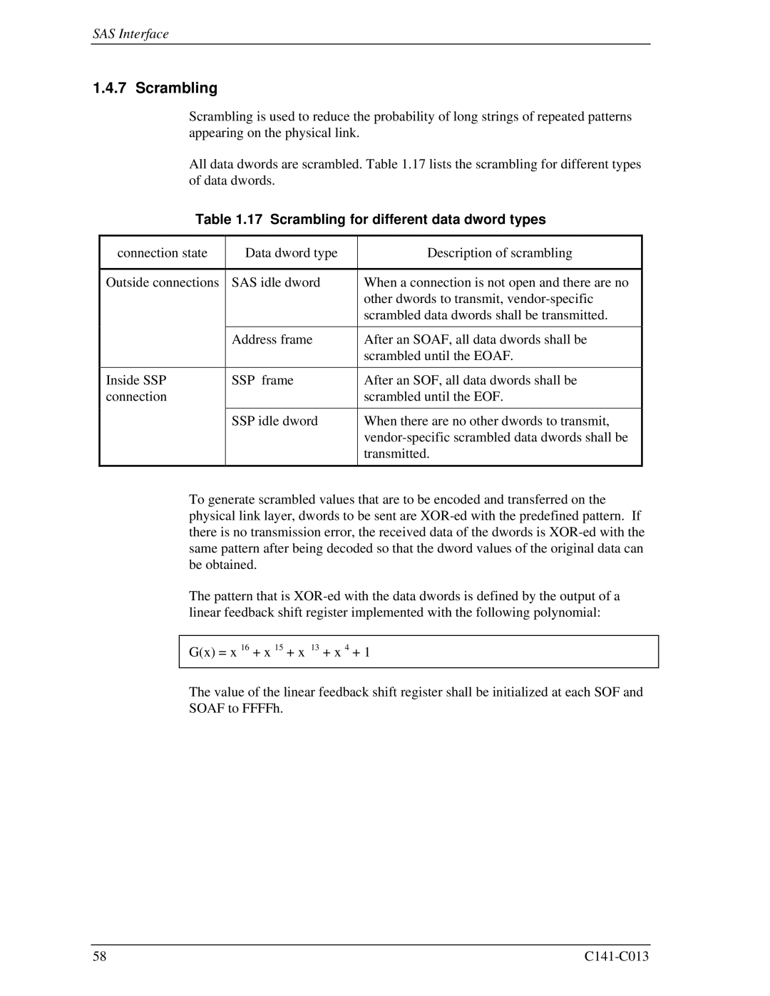 Fujitsu MBA3300RC, MBC2036RC, MBC2073RC, MBA3147RC, MBA3073RC specifications Scrambling for different data dword types 