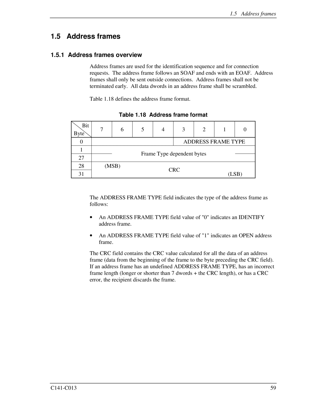 Fujitsu MBA3147RC, MBC2036RC, MBC2073RC, MBA3300RC, MBA3073RC specifications Address frames overview, Address frame format 