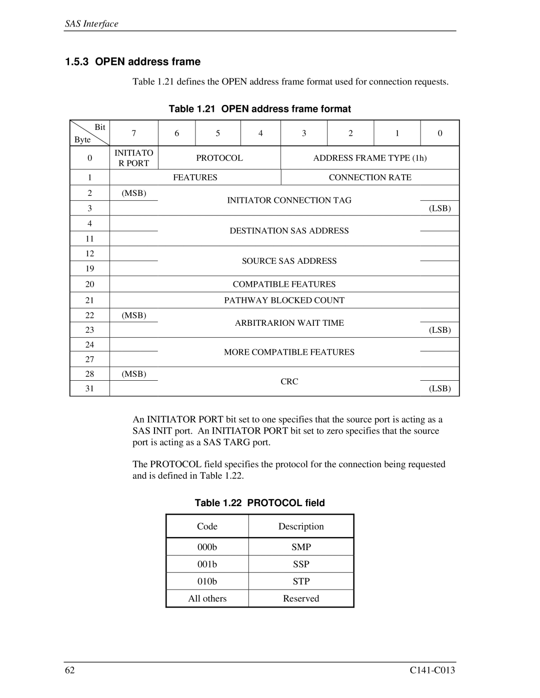 Fujitsu MBC2073RC, MBC2036RC, MBA3300RC, MBA3147RC, MBA3073RC Open address frame format, Protocol field, Smp, Stp 