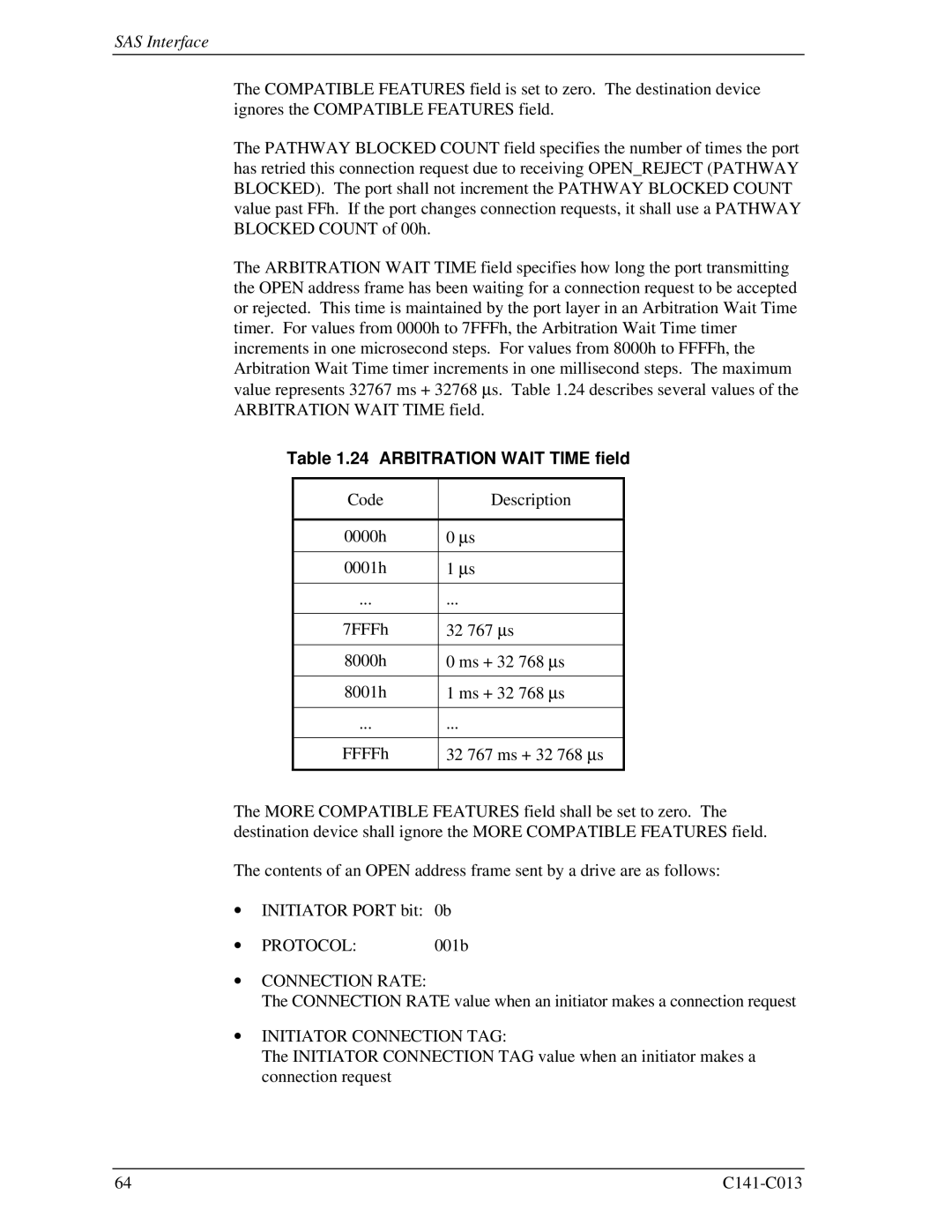 Fujitsu MBA3147RC, MBC2036RC, MBC2073RC Arbitration Wait Time field, ∙ Connection Rate, ∙ Initiator Connection TAG 