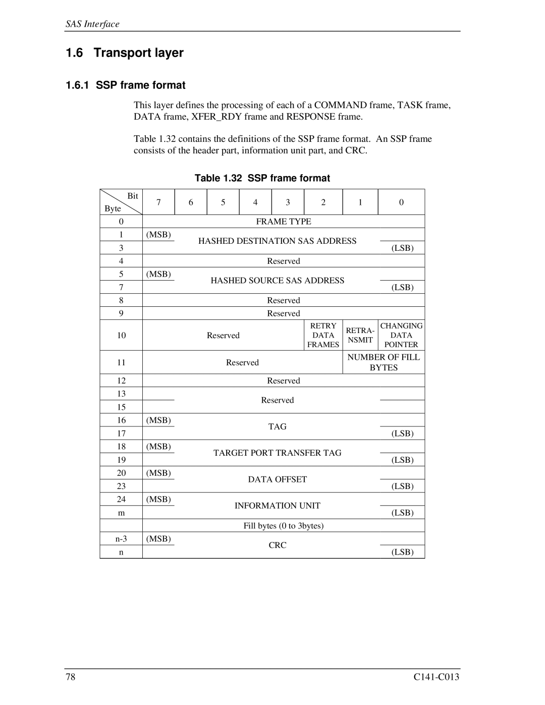 Fujitsu MBA3300RC, MBC2036RC, MBC2073RC, MBA3147RC, MBA3073RC specifications Transport layer, SSP frame format 