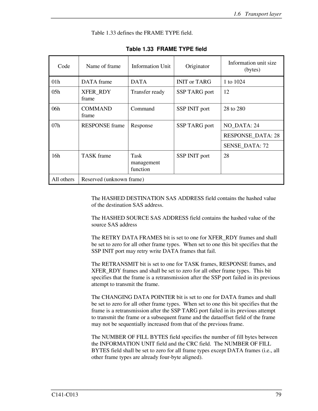 Fujitsu MBA3147RC, MBC2036RC, MBC2073RC, MBA3300RC Transport layer, Frame Type field, Nodata, Responsedata, Sensedata 