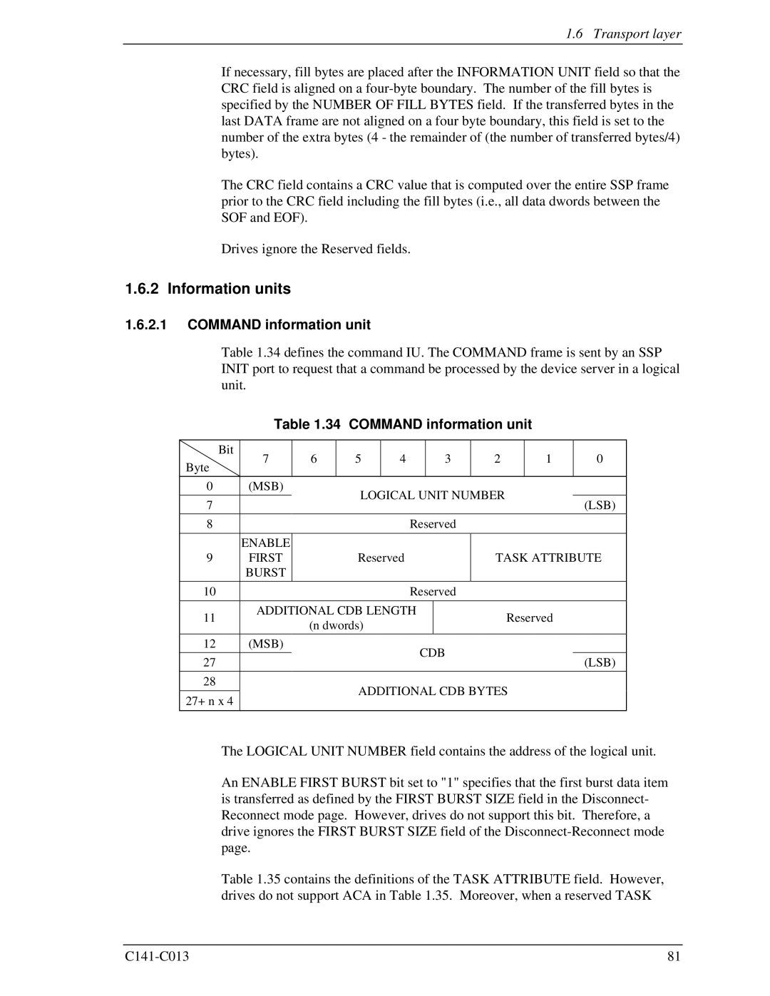 Fujitsu MBC2036RC, MBC2073RC, MBA3300RC, MBA3147RC, MBA3073RC specifications Information units, Command information unit 