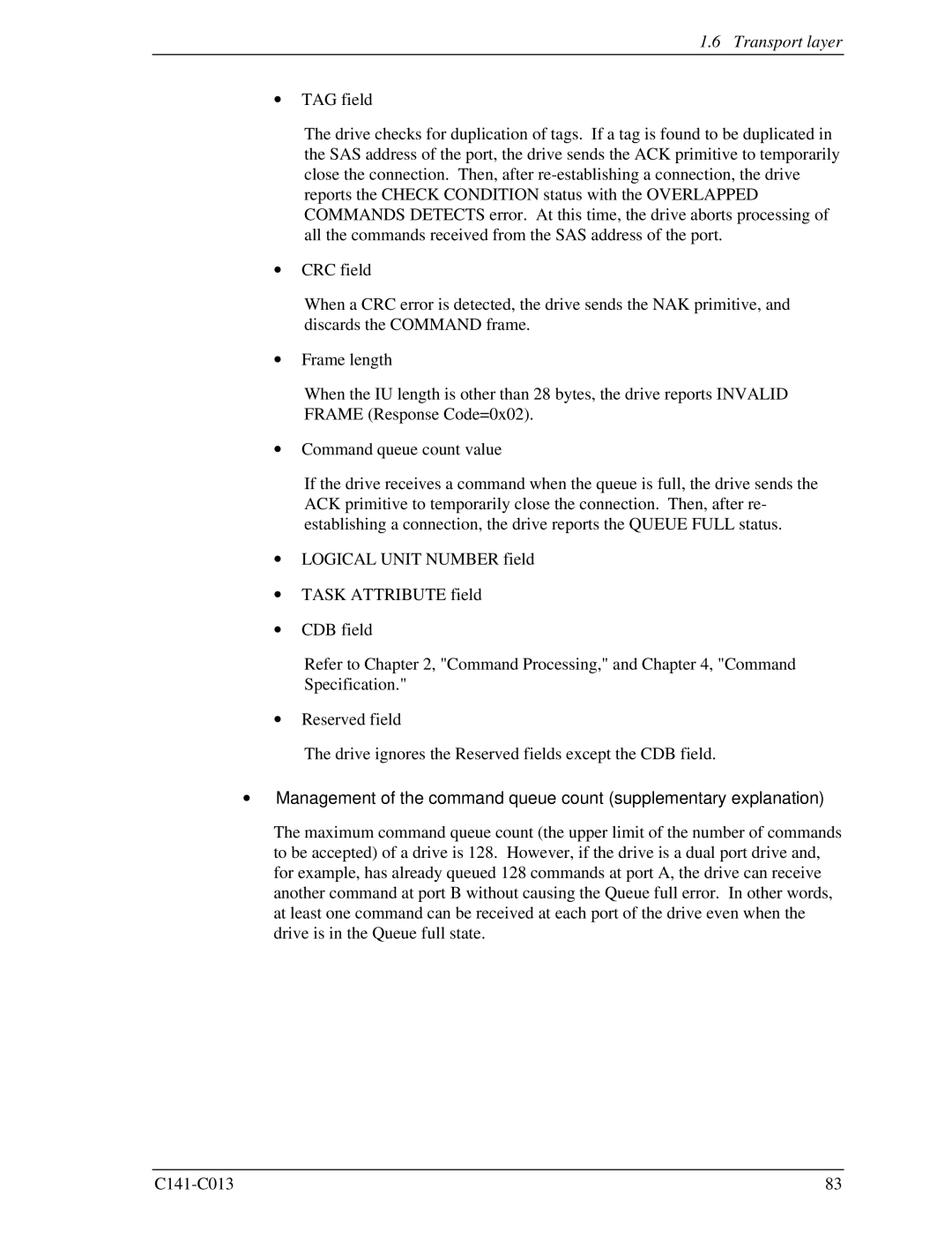 Fujitsu MBA3300RC, MBC2036RC, MBC2073RC, MBA3147RC, MBA3073RC specifications Transport layer 