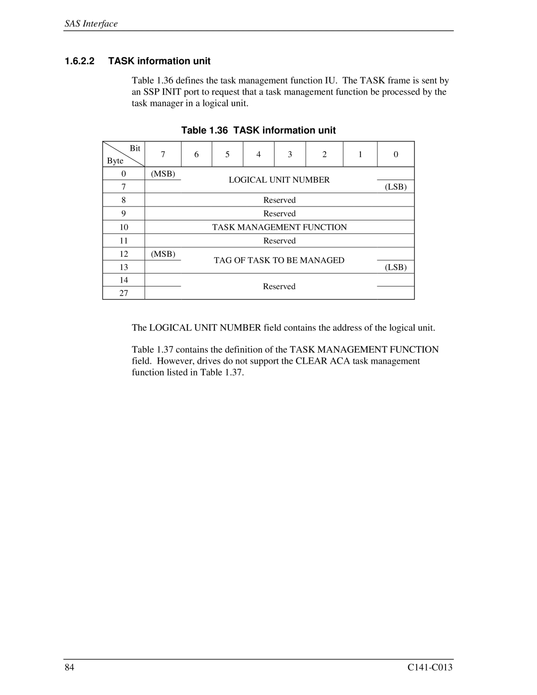 Fujitsu MBA3147RC, MBC2036RC, MBC2073RC, MBA3300RC, MBA3073RC specifications Task information unit 