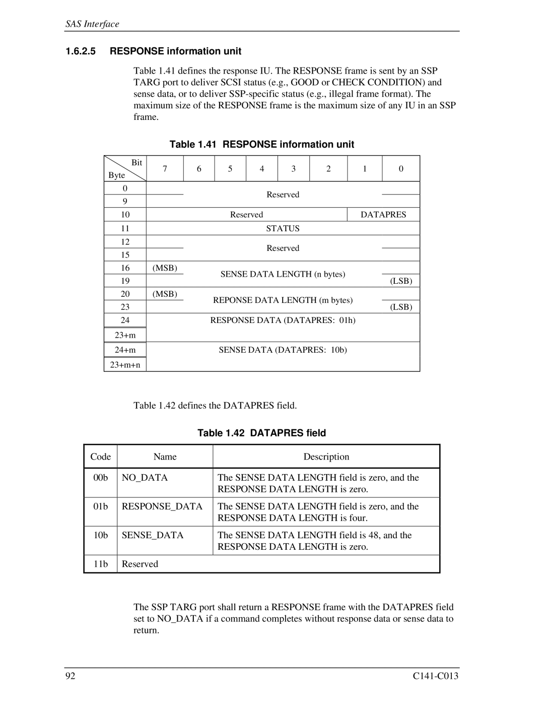 Fujitsu MBC2073RC, MBC2036RC, MBA3300RC, MBA3147RC, MBA3073RC specifications Response information unit, Datapres field 