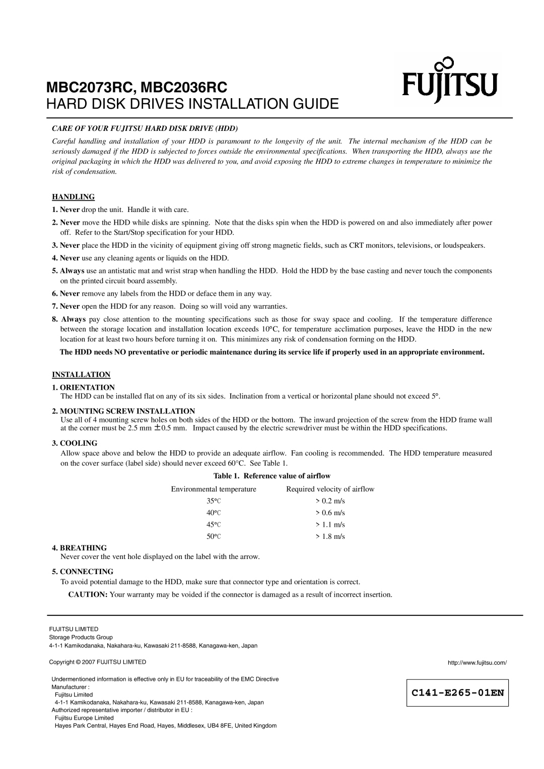 Fujitsu specifications MBC2073RC, MBC2036RC, Hard Disk Drives Installation Guide 